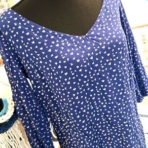 Mango Blue Long Sleeve Dress with White Heart Pattern- large